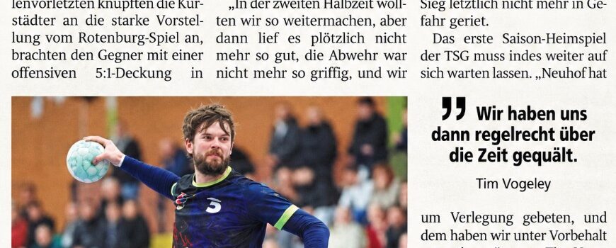 Zeitungsbericht: Dritter Sieg im dritten Spiel, TSG schlägt Ost-Mosheim II mit 30:28