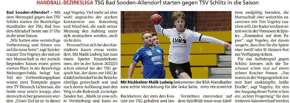 Zeitungsbericht: Mit Rückkehrer Ludwig „mindestens Dritter werden“, Saisonauftakt der TSG gegen den TSV Schlitz