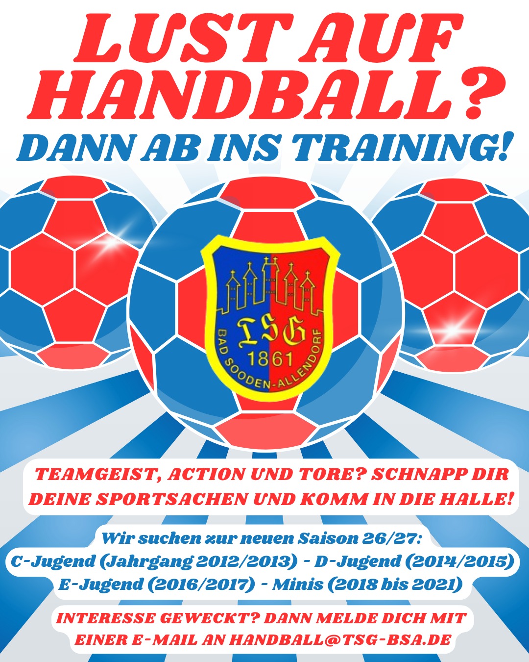 Nachwuchs-Plakat der Handballabteilung zur Saison 2026/27: C-Jugend Jahrgang 2012/2013, D-Jugend 2014/2015, E-Jugend 2016/2017 und Minis 2018 bis 2021. Kontakt handball@tsg-bsa.de.