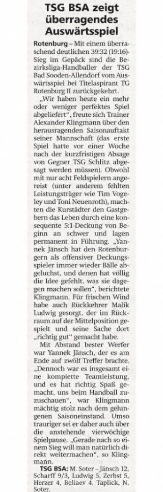 Zeitungsausschnitt: TSG BSA zeigt überragendes Auswärtsspiel